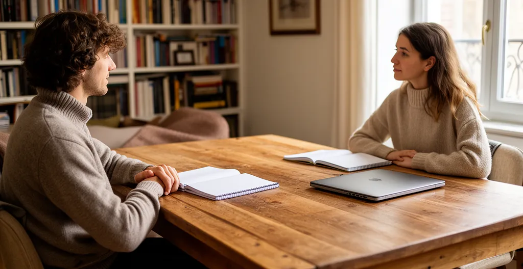 Discussion entre héritiers dans un salon familial pour évaluer un bien