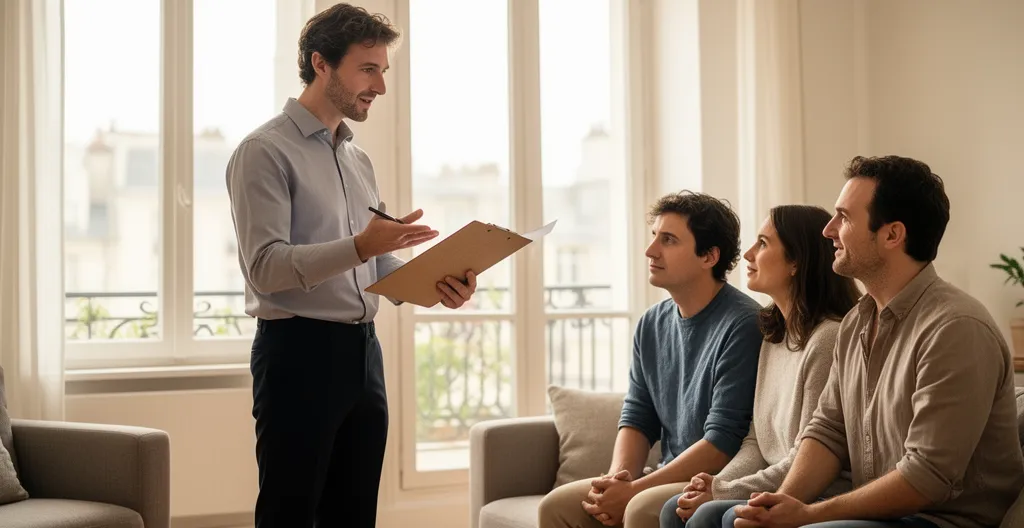 Expert immobilier évaluant un bien avec des héritiers présents