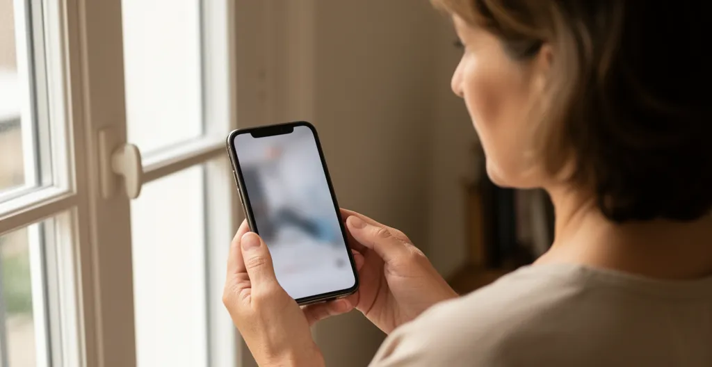 Héritière vérifiant des informations immobilières sur son téléphone dans un appartement