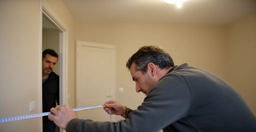 Héritier mesurant une pièce pour vérifier la surface déclarée dans une succession