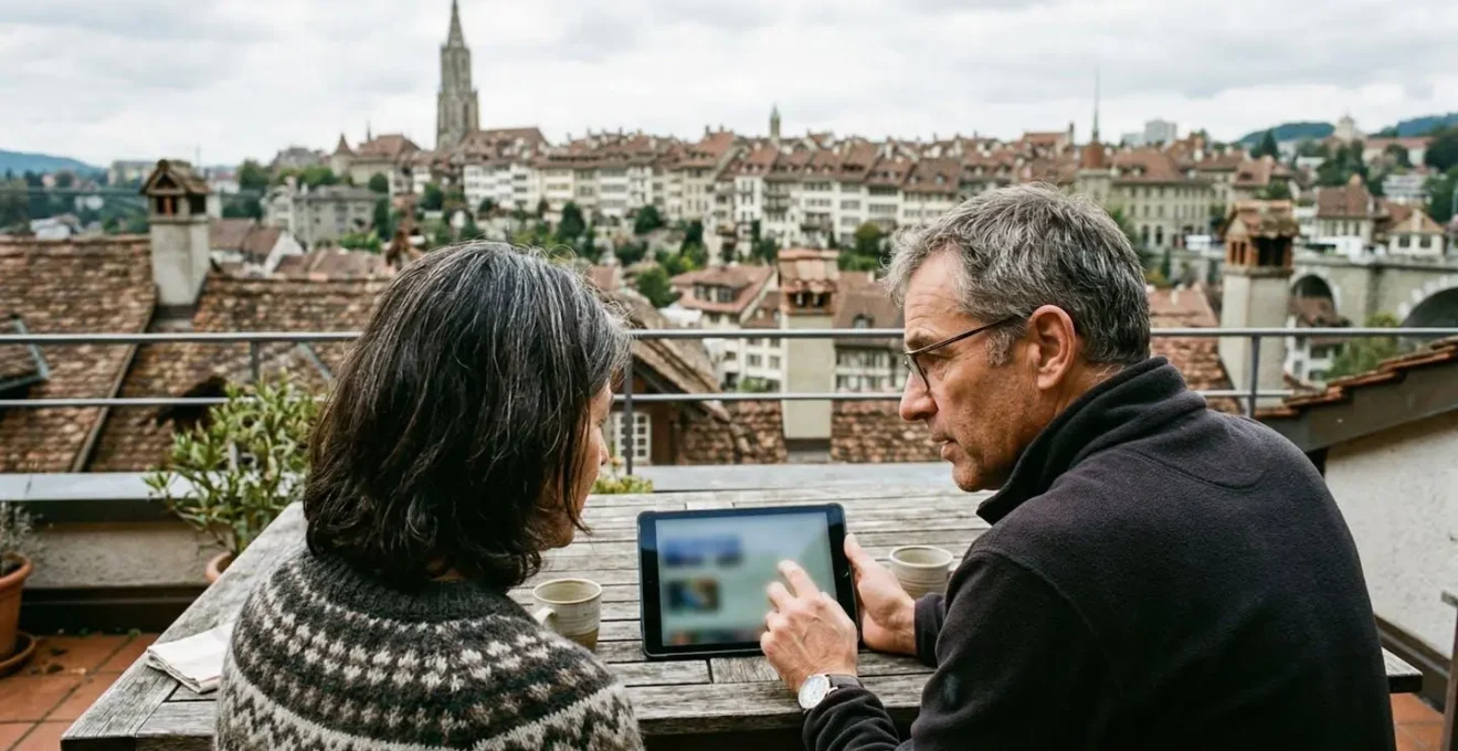 Un couple d'une cinquantaine d'années consulte une tablette sur leur terrasse, regard concentré vers l'écran, toits de ville en arrière-plan