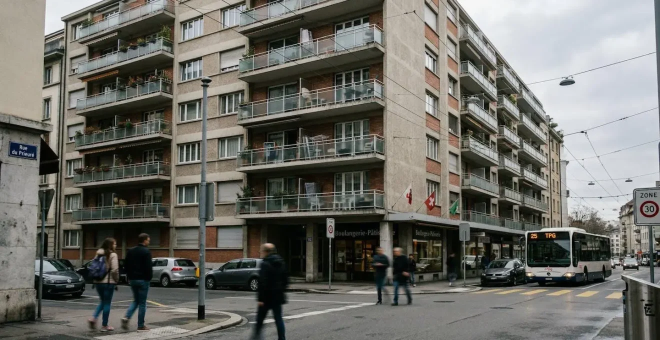 Façade d'un immeuble résidentiel moderne avec balcons, prise depuis la rue, quelques passants floutés en arrière-plan