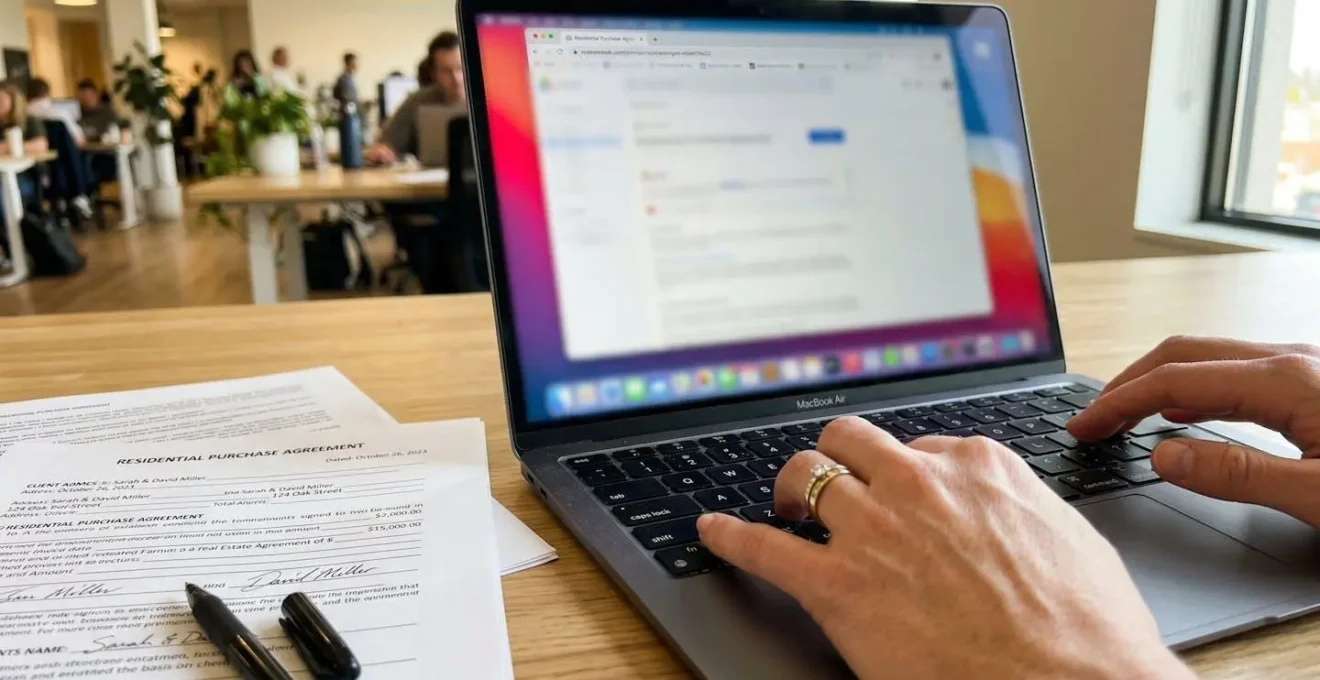 Gros plan sur des mains tapant sur un clavier d'ordinateur portable, documents papier visibles à côté sur un bureau lumineux