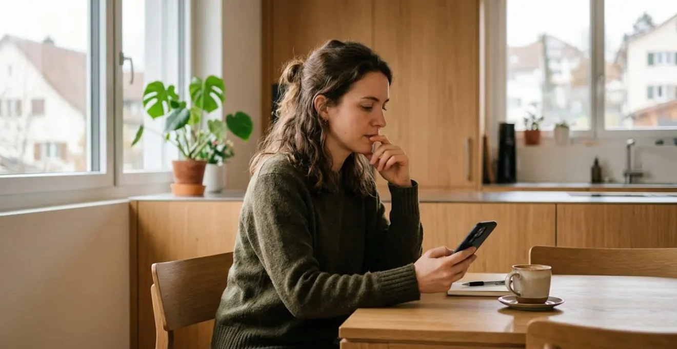 Personne seule assise à une table de cuisine moderne, regardant son smartphone avec expression réfléchie, intérieur lumineux